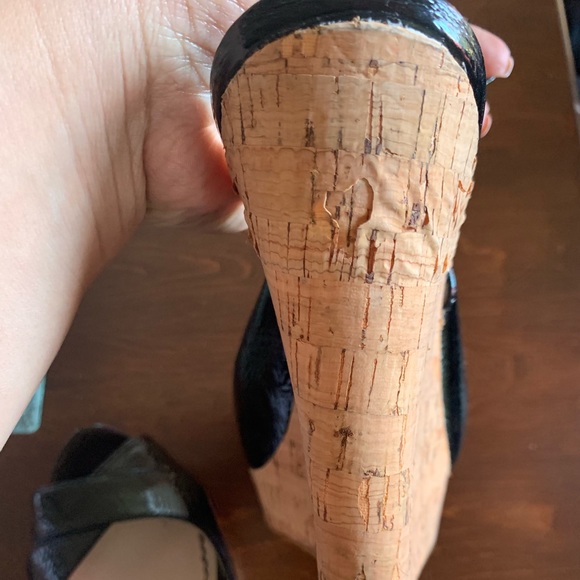 Black Patent Leather Cork Sling Back Wedges - Picture 4 of 8